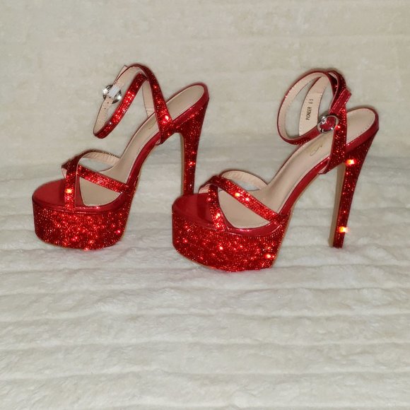 Bejeweled Pandora Bright Red Sparkling Rhinestone Platform 6.5" Heels Shoes - Picture 5 of 17